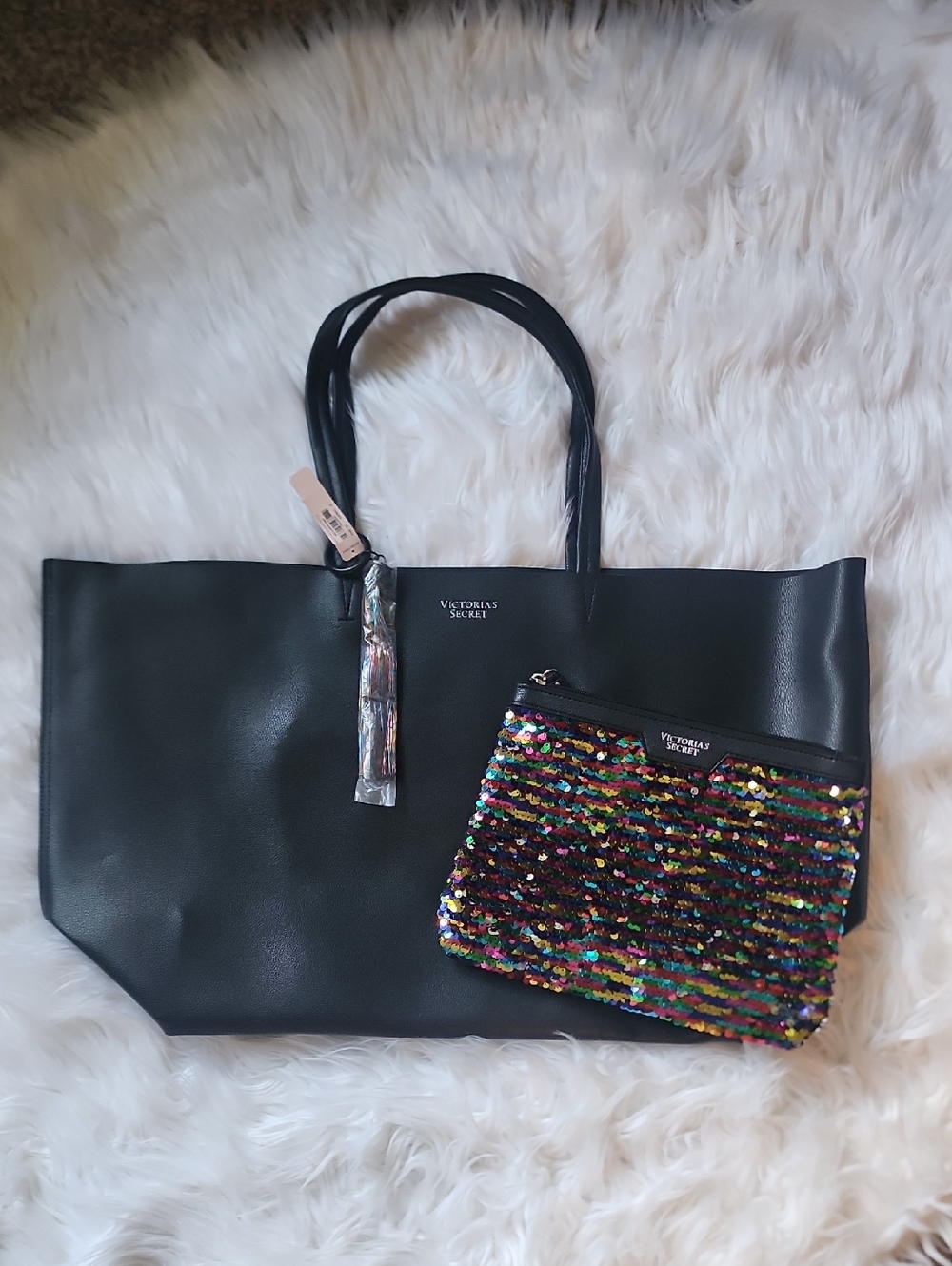 Victoria's Secret Black Tote with Multicolor Sequin Pouch